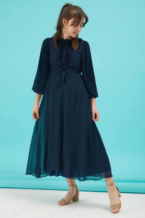 Lacivert Piliseli Kuşaklı Kız Şifon Elbise 15210