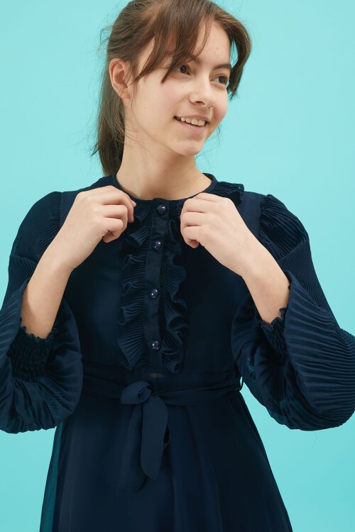 Lacivert Piliseli Kuşaklı Kız Şifon Elbise 15210