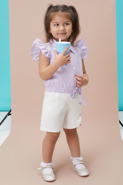 Lila Çizgili Gömlekli Şortlu Kız Takım 15120