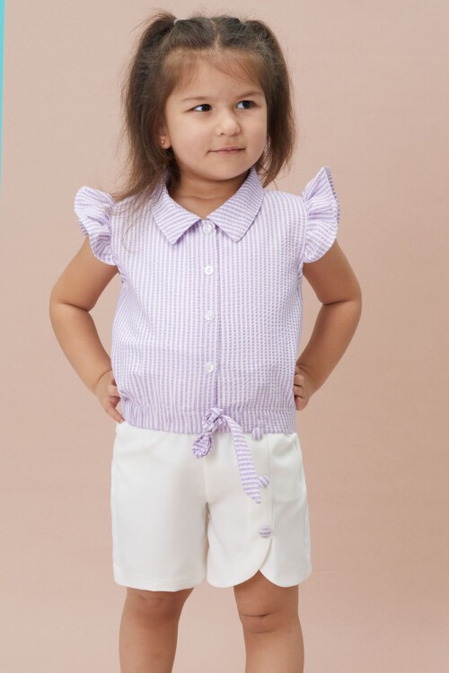 Lila Çizgili Gömlekli Şortlu Kız Takım 15120
