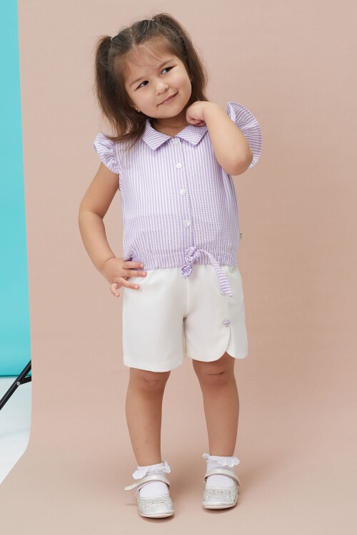Lila Çizgili Gömlekli Şortlu Kız Takım 15120