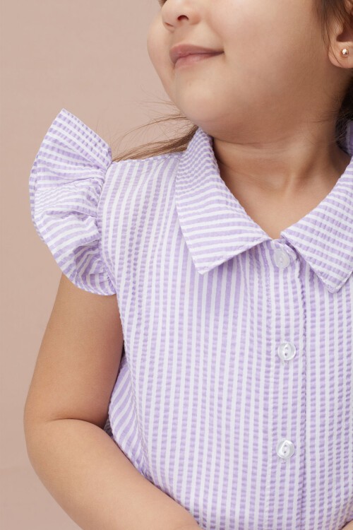 Lila Çizgili Gömlekli Şortlu Kız Takım 15120