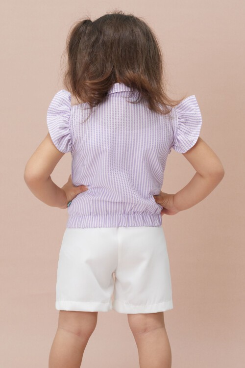 Lila Çizgili Gömlekli Şortlu Kız Takım 15120