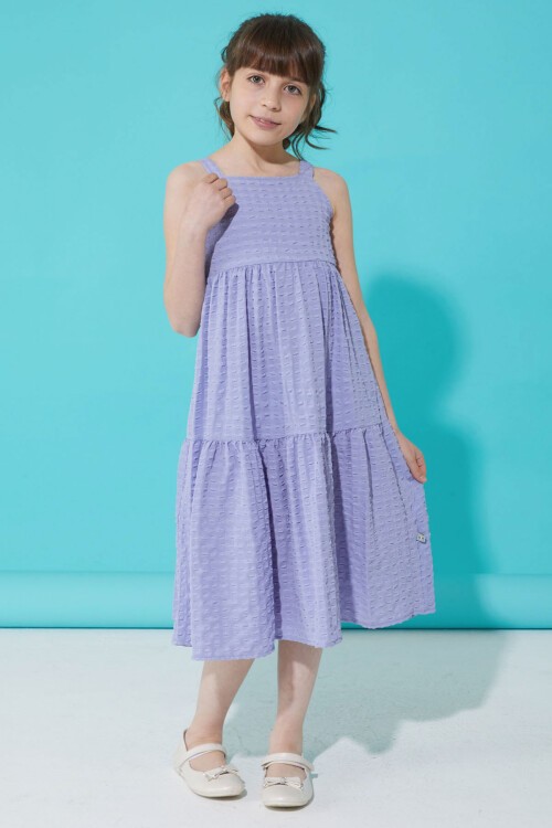 Lila Desenli Kız Çocuk Askılı Elbise 15337