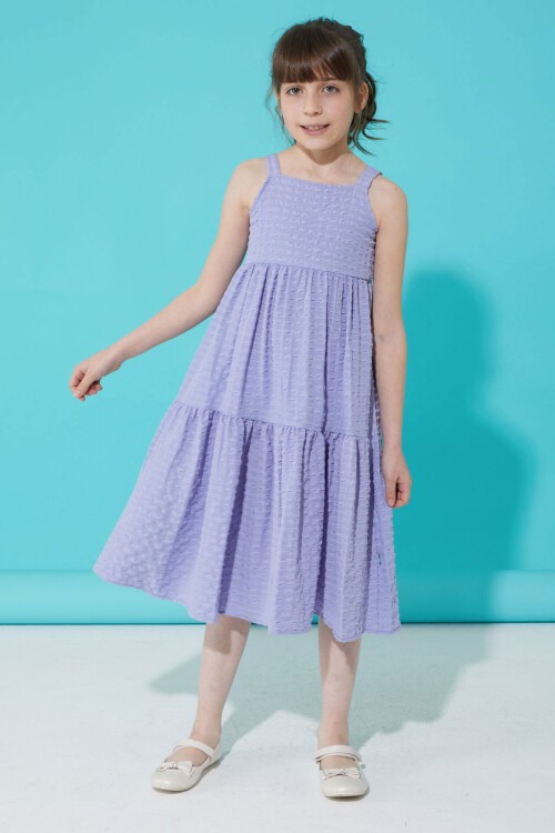 Lila Desenli Kız Çocuk Askılı Elbise 15337