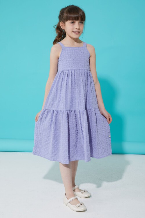 Lila Desenli Kız Çocuk Askılı Elbise 15337