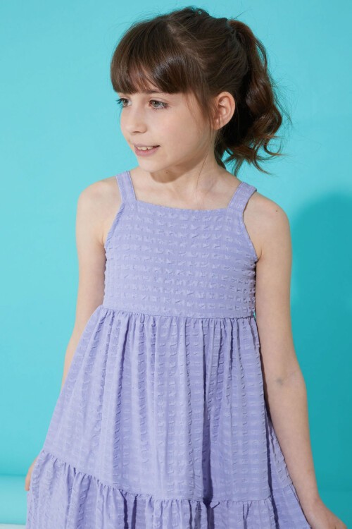 Lila Desenli Kız Çocuk Askılı Elbise 15337