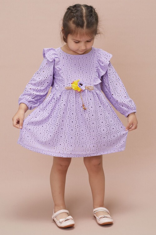 Lila Kol Fırfırlı Dantel İşlemeli Kız Çocuk Elbise 15055