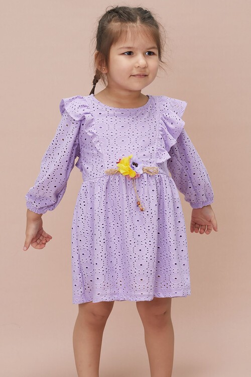 Lila Kol Fırfırlı Dantel İşlemeli Kız Çocuk Elbise 15055