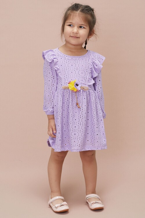 Lila Kol Fırfırlı Dantel İşlemeli Kız Çocuk Elbise 15055