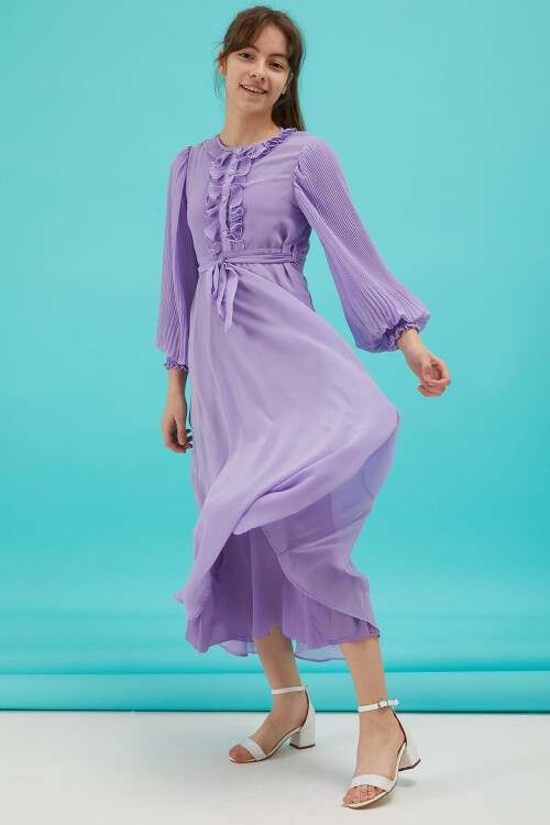Lila Piliseli Kuşaklı Kız Şifon Elbise 15209