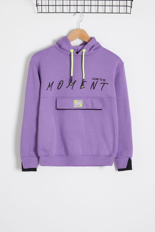 Lila Yazı Baskılı Polarlı Kız Kapüşonlu Sweatshirt 9-14 Yaş 15001