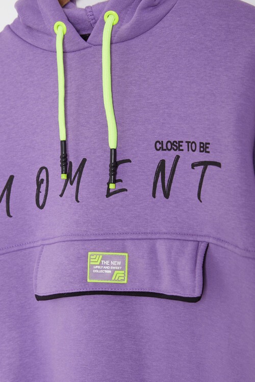 Lila Yazı Baskılı Polarlı Kız Kapüşonlu Sweatshirt 9-14 Yaş 15001