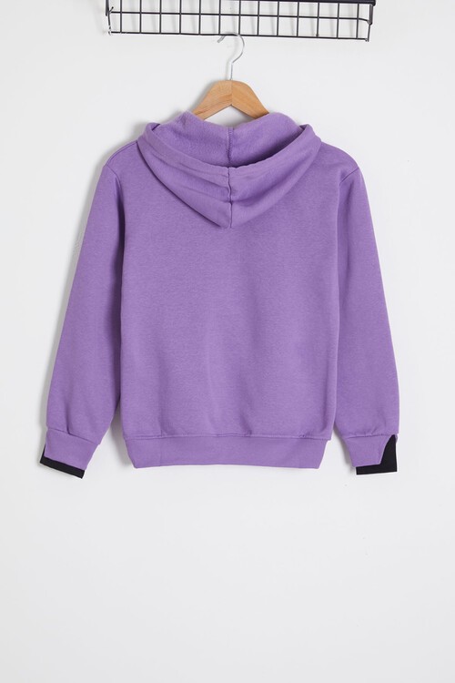Lila Yazı Baskılı Polarlı Kız Kapüşonlu Sweatshirt 9-14 Yaş 15001