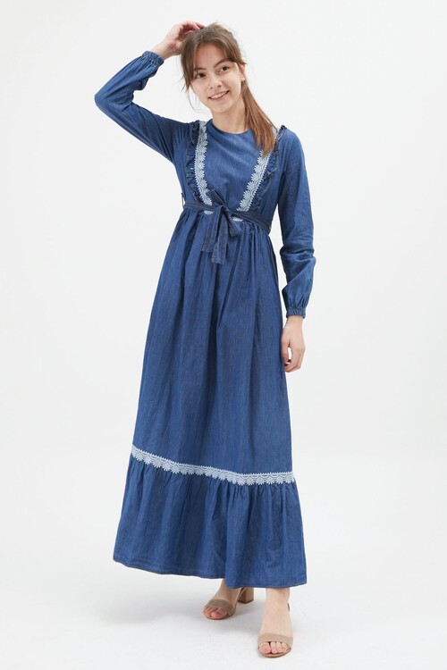 Mavi Dantel Detaylı Kuşaklı Kız Çocuk Jean Elbise 15214