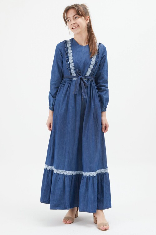 Mavi Dantel Detaylı Kuşaklı Kız Çocuk Jean Elbise 15214