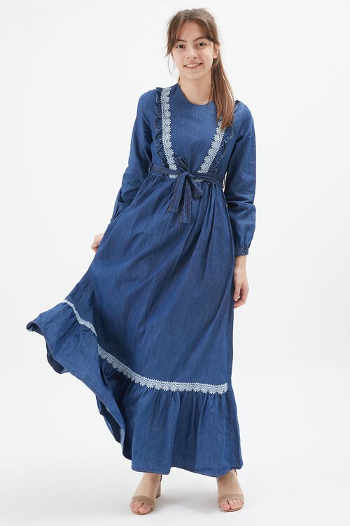 Mavi Dantel Detaylı Kuşaklı Kız Çocuk Jean Elbise 15214