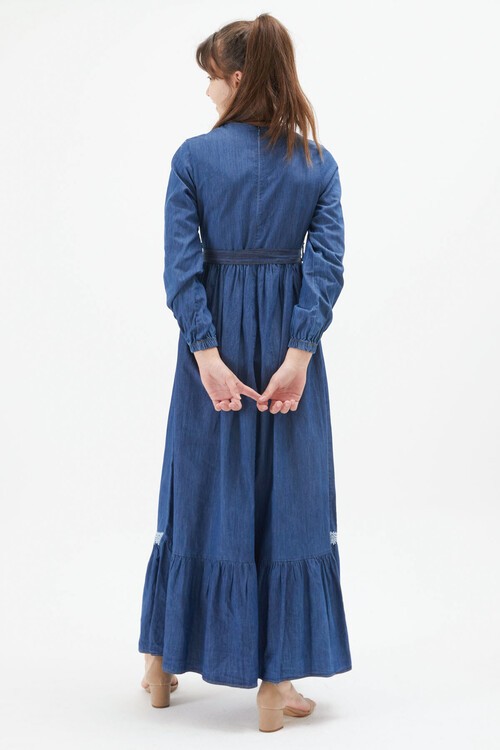 Mavi Dantel Detaylı Kuşaklı Kız Çocuk Jean Elbise 15214