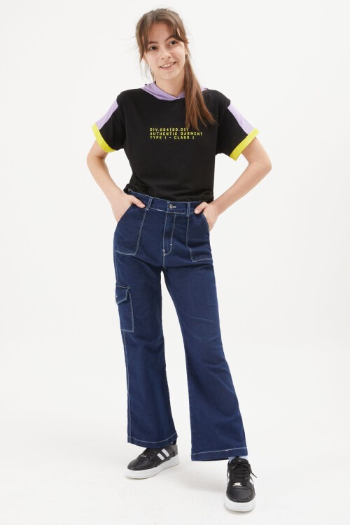 Mavi Kargo Cepli Bol Paça Kız Jean Pantolon 15248