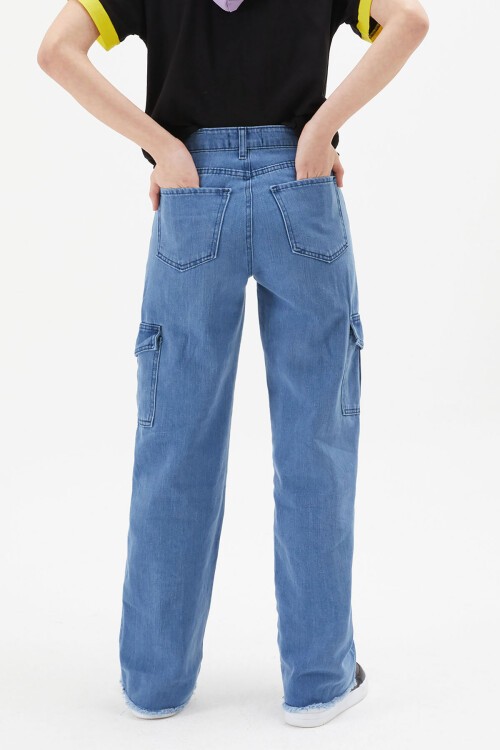 Mavi Kargo Cepli Yüksek Bel Kız Jean Pantolon 15245
