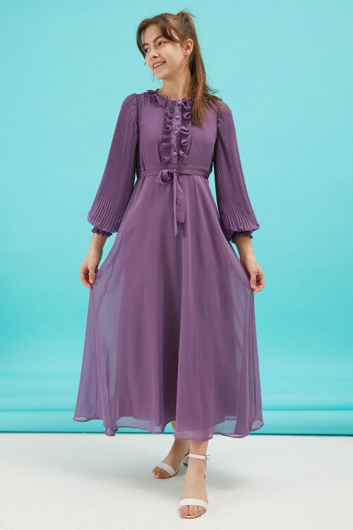 Mor Piliseli Kuşaklı Kız Şifon Elbise 15207