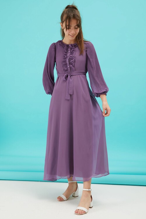 Mor Piliseli Kuşaklı Kız Şifon Elbise 15207