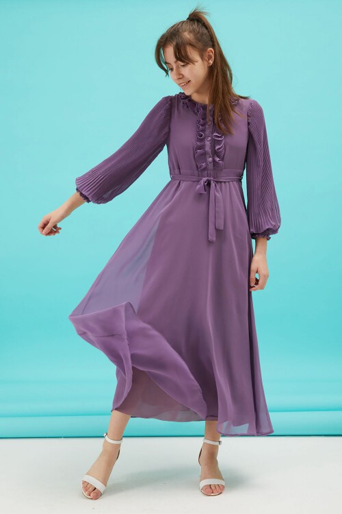 Mor Piliseli Kuşaklı Kız Şifon Elbise 15207