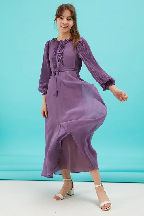 Mor Piliseli Kuşaklı Kız Şifon Elbise 15207