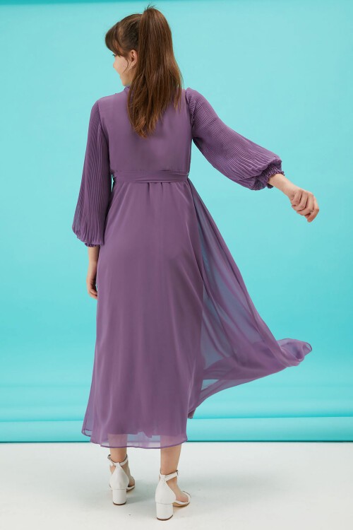 Mor Piliseli Kuşaklı Kız Şifon Elbise 15207