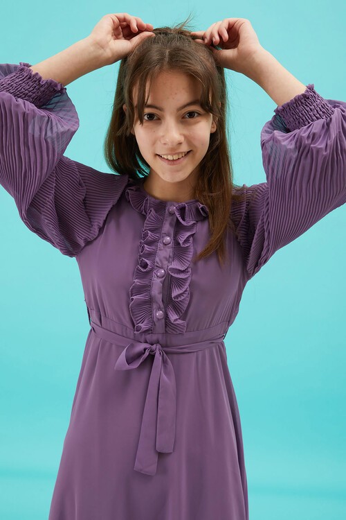 Mor Piliseli Kuşaklı Kız Şifon Elbise 15207