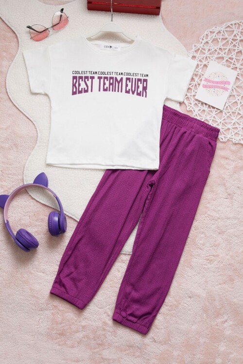 Mor Yazı Baskılı Kız Çocuk Alt Üst Takım 15386