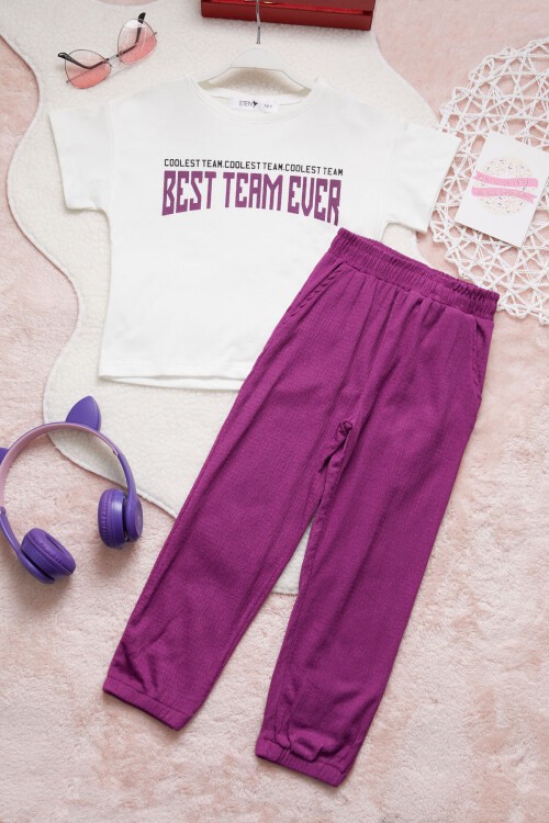 Mor Yazı Baskılı Kız Çocuk Alt Üst Takım 15386