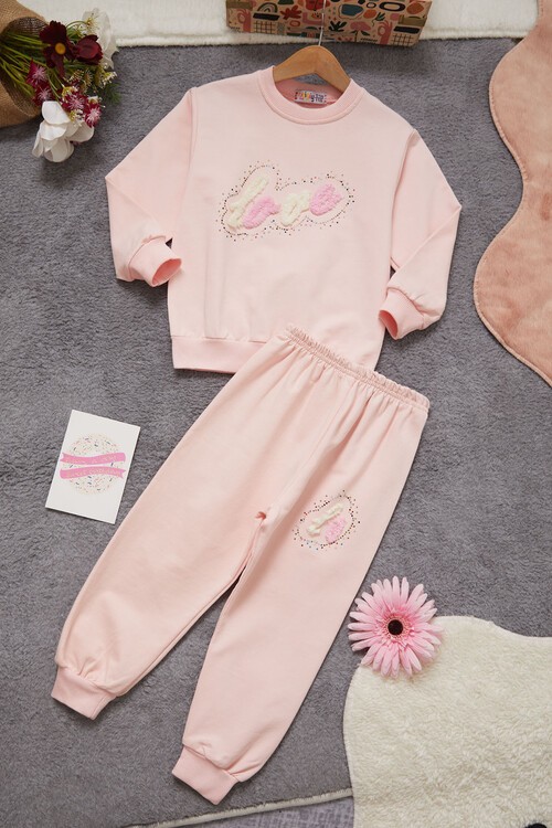 Peluş Love Yazılı Taşlı Kız Çocuk Eşofman Takımı 14973
