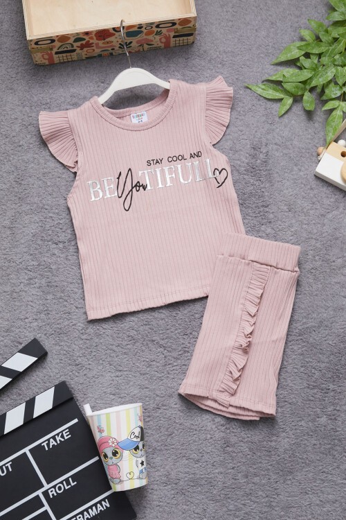 Pembe Beautiful Yazılı Kız Çocuk Şortlu Takım 15350