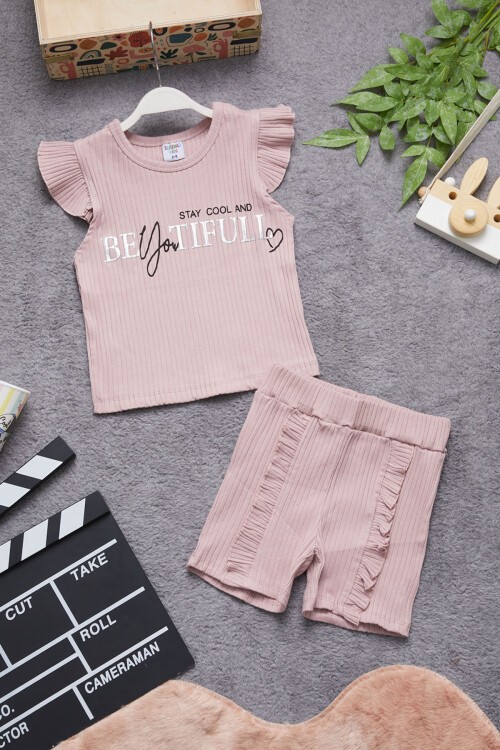 Pembe Beautiful Yazılı Kız Çocuk Şortlu Takım 15350