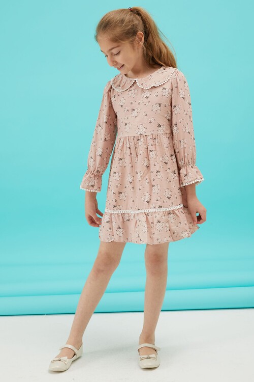 Pembe Çiçek Desenli Dantel Detaylı Kız Elbise 15174