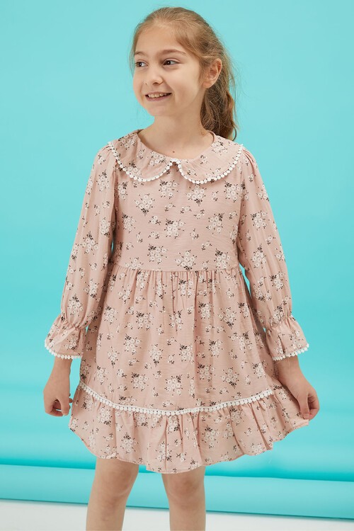 Pembe Çiçek Desenli Dantel Detaylı Kız Elbise 15174