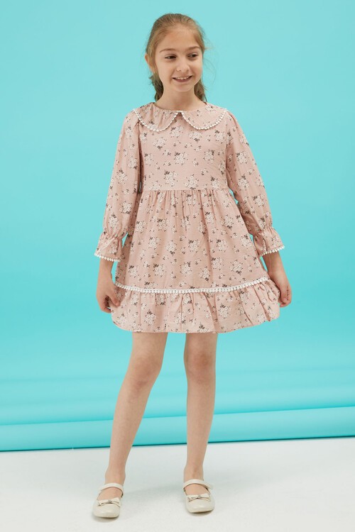 Pembe Çiçek Desenli Dantel Detaylı Kız Elbise 15174
