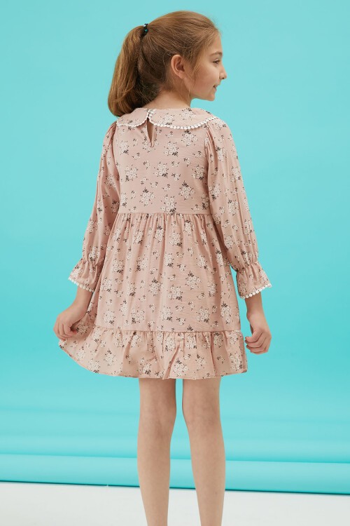 Pembe Çiçek Desenli Dantel Detaylı Kız Elbise 15174