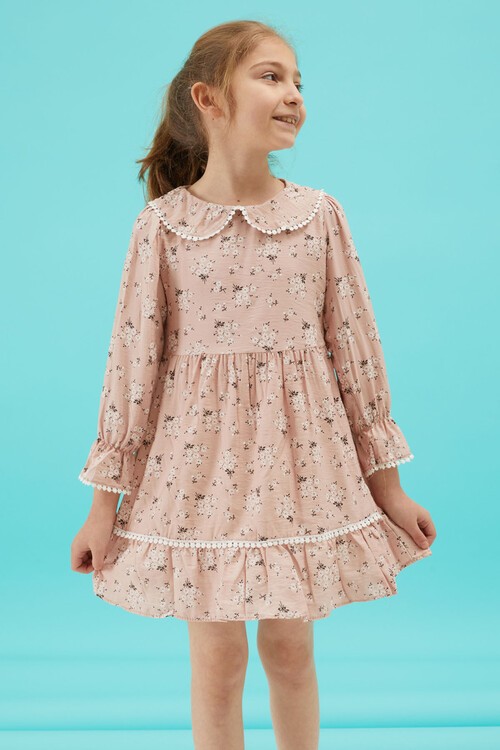 Pembe Çiçek Desenli Dantel Detaylı Kız Elbise 15174