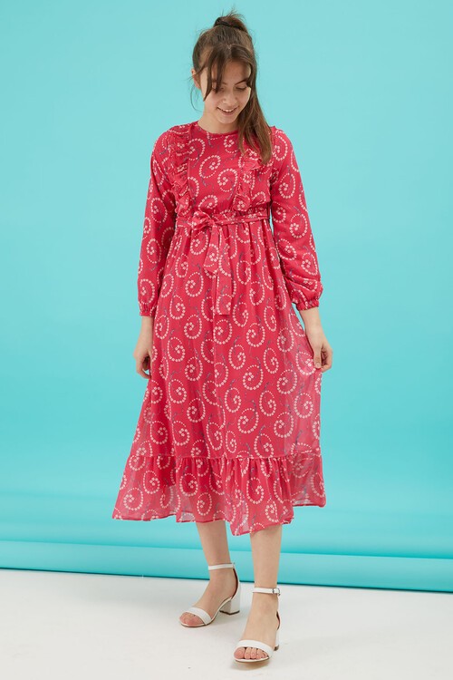 Pembe Çiçek Desenli Fırfırlı Kız Çocuk Şifon Elbise 15213