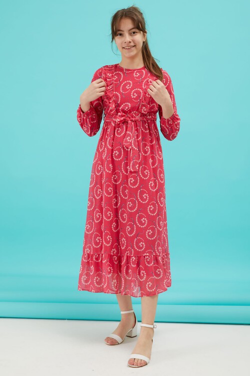 Pembe Çiçek Desenli Fırfırlı Kız Çocuk Şifon Elbise 15213