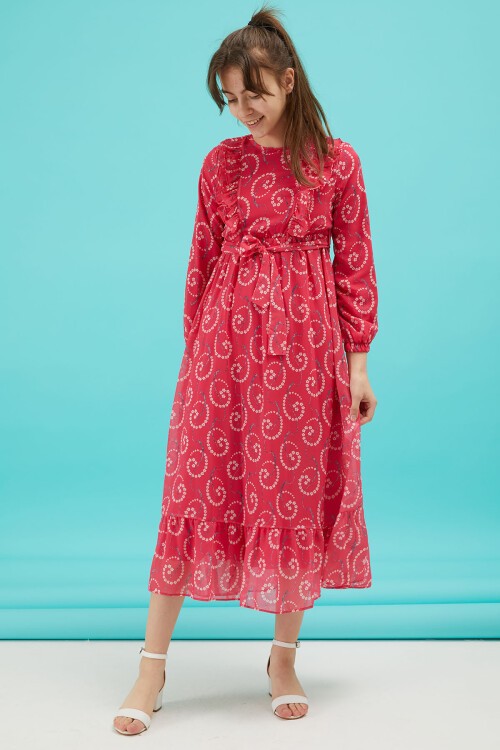 Pembe Çiçek Desenli Fırfırlı Kız Çocuk Şifon Elbise 15213