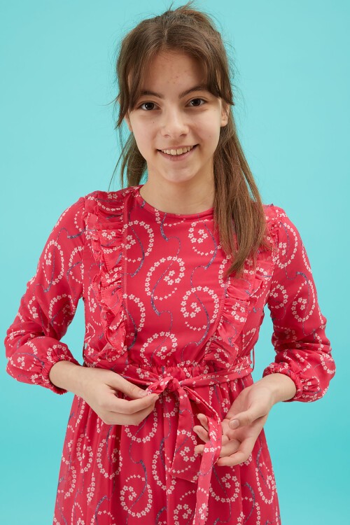 Pembe Çiçek Desenli Fırfırlı Kız Çocuk Şifon Elbise 15213