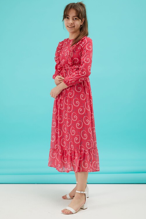 Pembe Çiçek Desenli Fırfırlı Kız Çocuk Şifon Elbise 15213