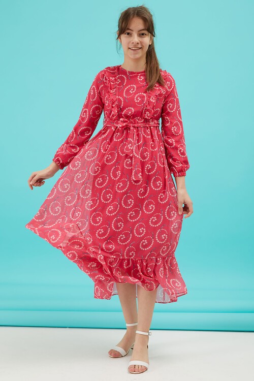 Pembe Çiçek Desenli Fırfırlı Kız Çocuk Şifon Elbise 15213