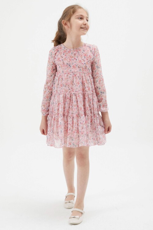Pembe Çiçek Desenli Kız Çocuk Elbise 15198
