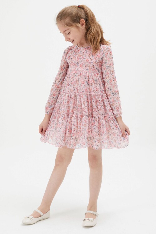 Pembe Çiçek Desenli Kız Çocuk Elbise 15198