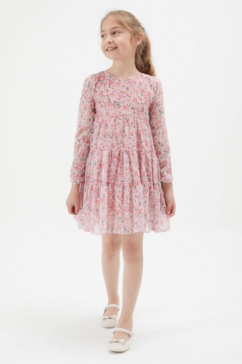 Pembe Çiçek Desenli Kız Çocuk Elbise 15198