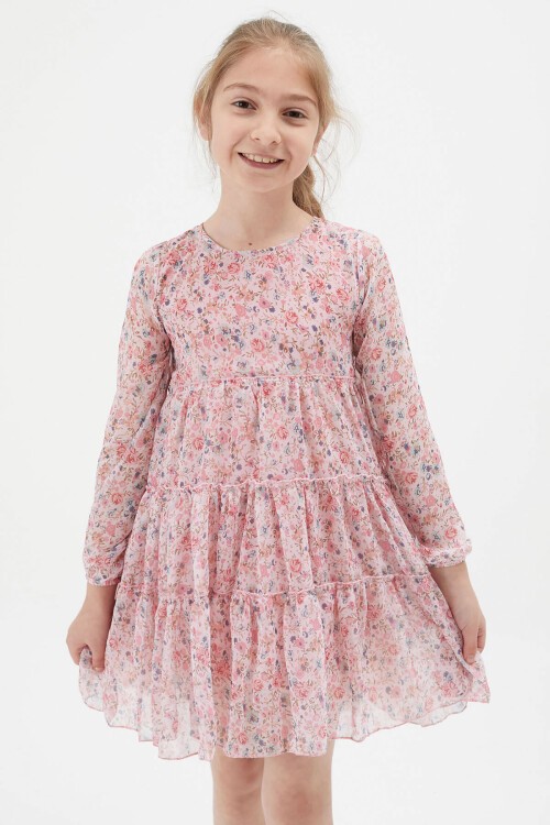 Pembe Çiçek Desenli Kız Çocuk Elbise 15198